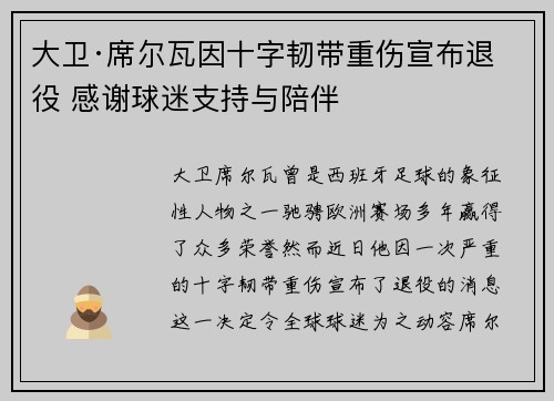 大卫·席尔瓦因十字韧带重伤宣布退役 感谢球迷支持与陪伴