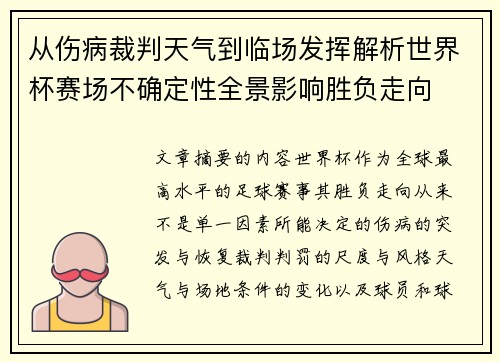从伤病裁判天气到临场发挥解析世界杯赛场不确定性全景影响胜负走向